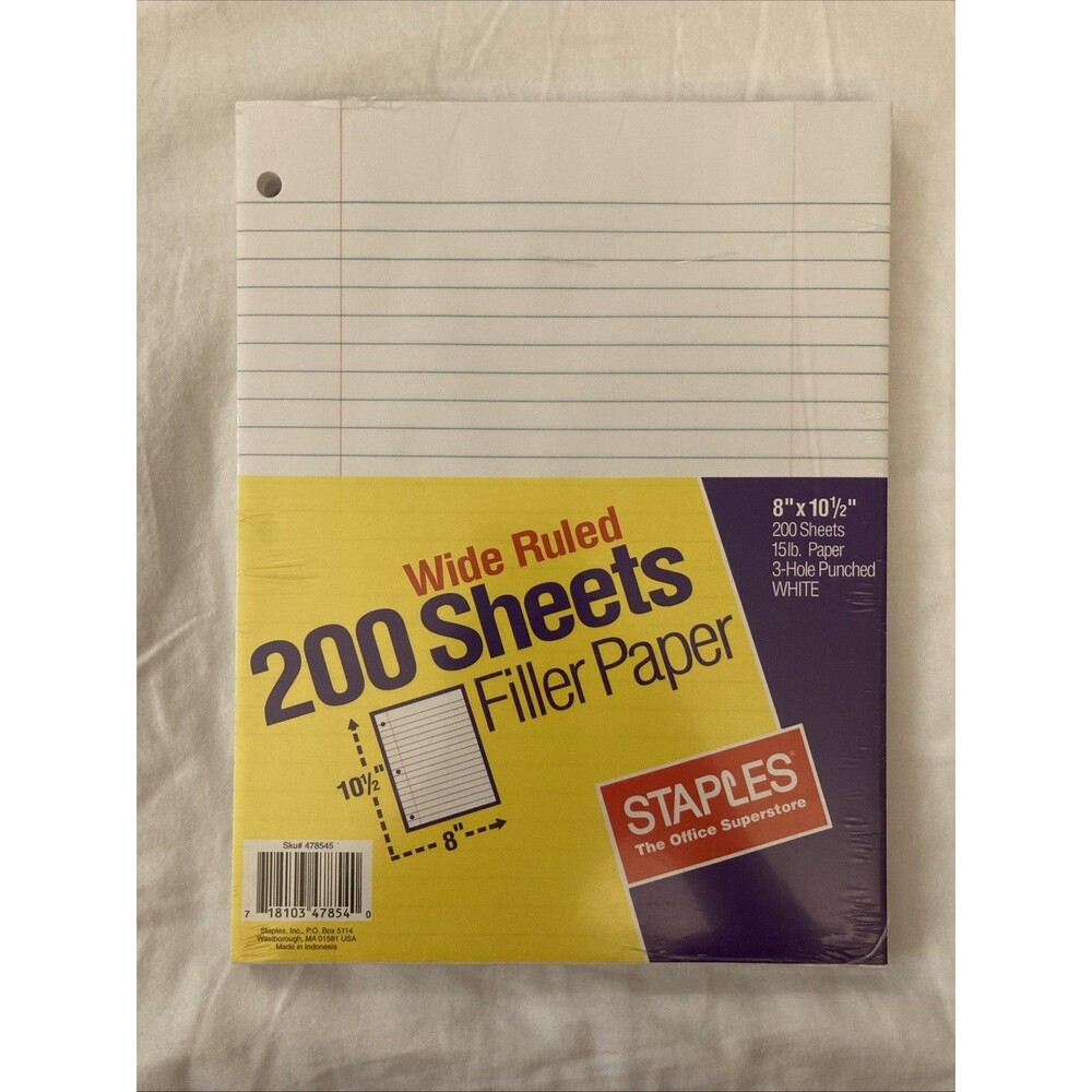 Staples 8”x10.5” Wide Ruled White Filler Paper | 200 Sheets | 3-hole Punched